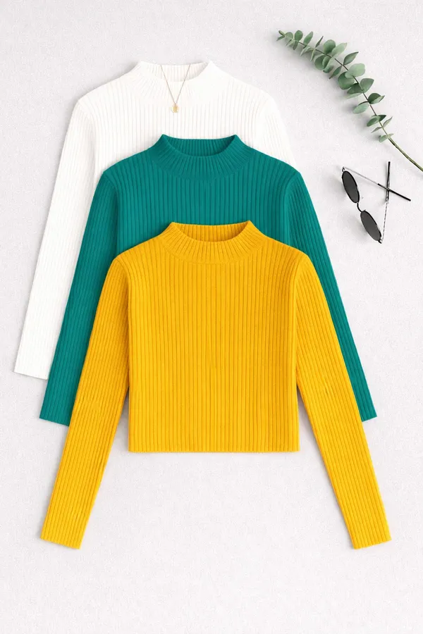 White_Green_Yellow_Cotton_Ribbed_Mock_Neck_Full_Sleeve_Tops_For_Women