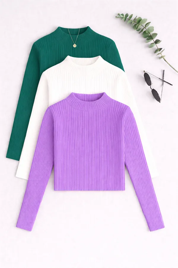 Lavender_White_Green_Cotton_Ribbed_Slim_Fit_High_Neck_Tops_For_Women