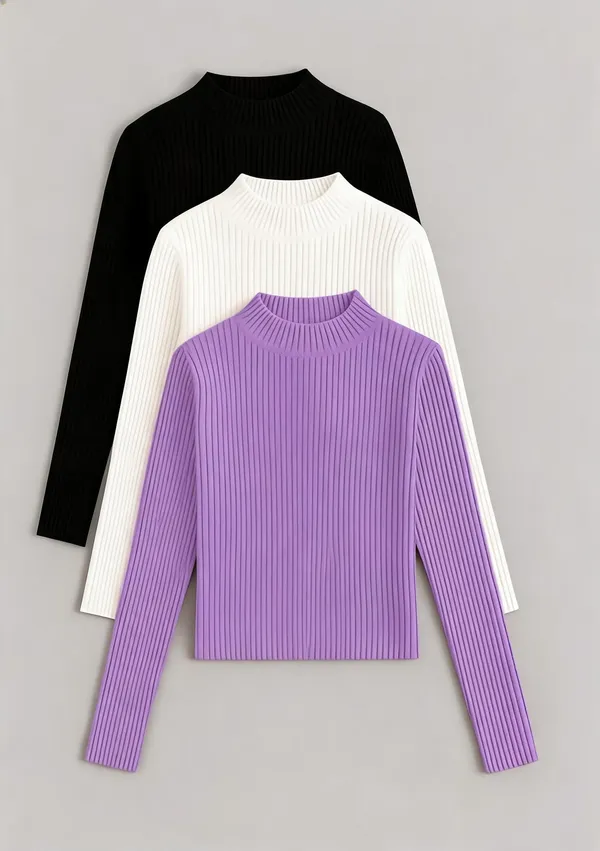 Black_White_Lavender_Cotton_Ribbed_Slim_Fit_High_Neck_Tops_For_Women