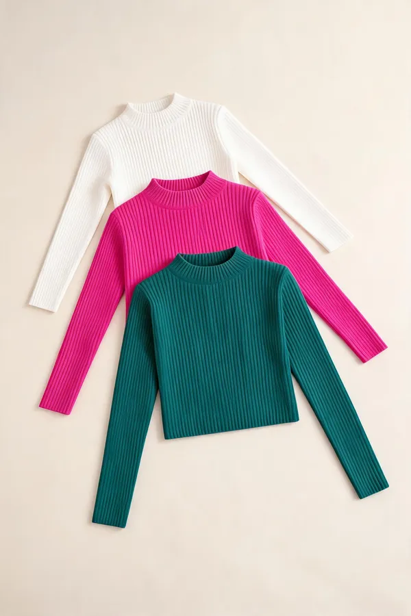 White_Green_Pink_Cotton_Ribbed_Knit_Regular_Fit_Round_Neck_Tops_For_Women