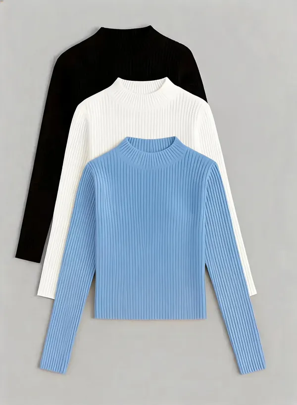 Black_White_Blue_Cotton_Ribbed_Mock_Neck_Fitted_Tops_For_Women