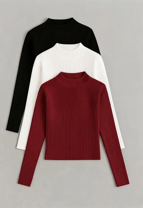Black_White_Maroon_Cotton_Ribbed_Slim_Fit_High_Neck_Tops_For_Women