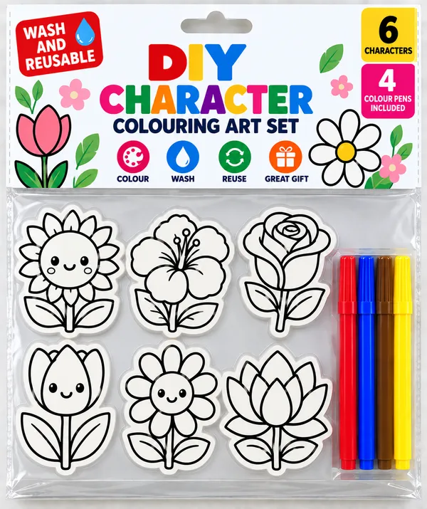 White_Diy_Washable_Flower_Character_Colouring_Art_Set_With_4_Pens