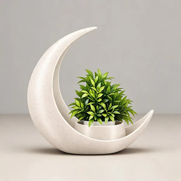 White_Crescent_Moon_Decorative_Planter_With_Artificial_Plant