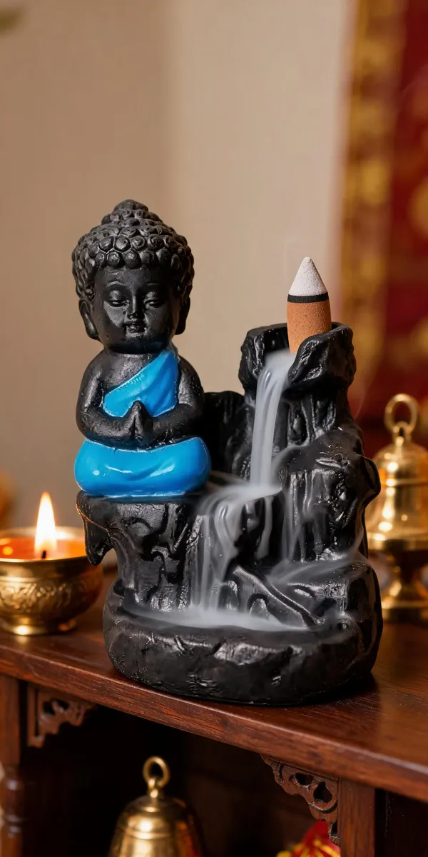 _Mini_Meditating_Buddha_Idol_with_Blue_Robe_–_Backflow_Incense_Holder_Compatible_Decorative_Showpiece__-__12_cm_(Resin,_Black)
