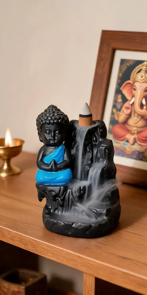 _Mini_Meditating_Buddha_Idol_with_Blue_Robe_–_Backflow_Incense_Holder_Compatible_Decorative_Showpiece__-__12_cm_(Resin,_Black)