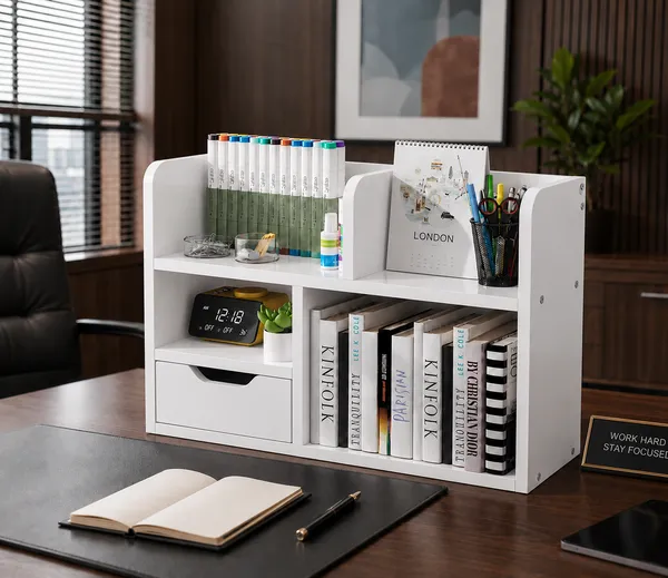 CraftSaura_Wooden_Desktop_Organizer_&_Bookshelf_with_Drawer