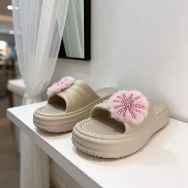 Cream_Eva_Plush_Floral_Slip_On_Platform_Slippers_For_Women