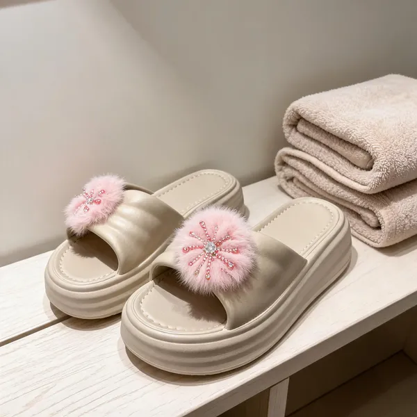 Cream_Eva_Plush_Floral_Slip_On_Platform_Slippers_For_Women
