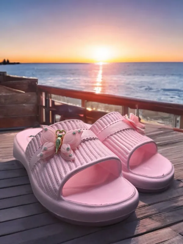 Baby_Pink_Eva_Bow_Textured_Slip_On_Sliders_For_Women