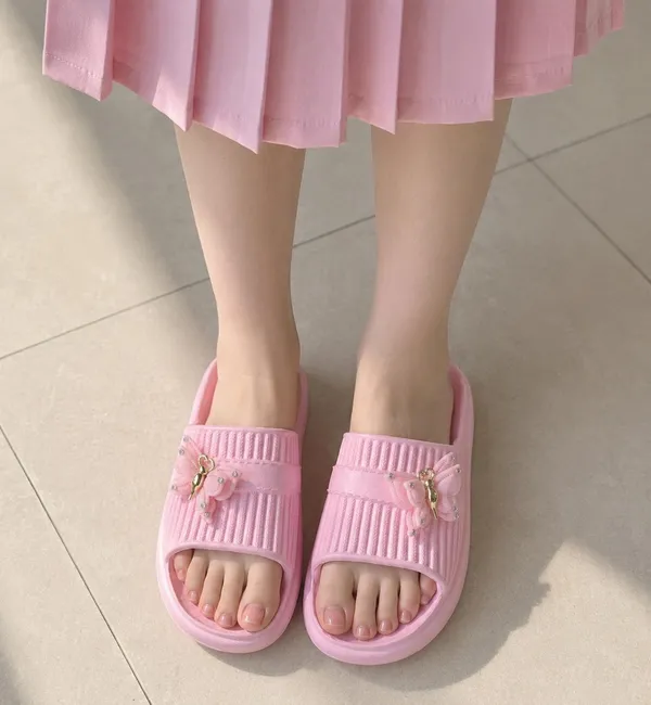 Baby_Pink_Eva_Bow_Textured_Slip_On_Sliders_For_Women