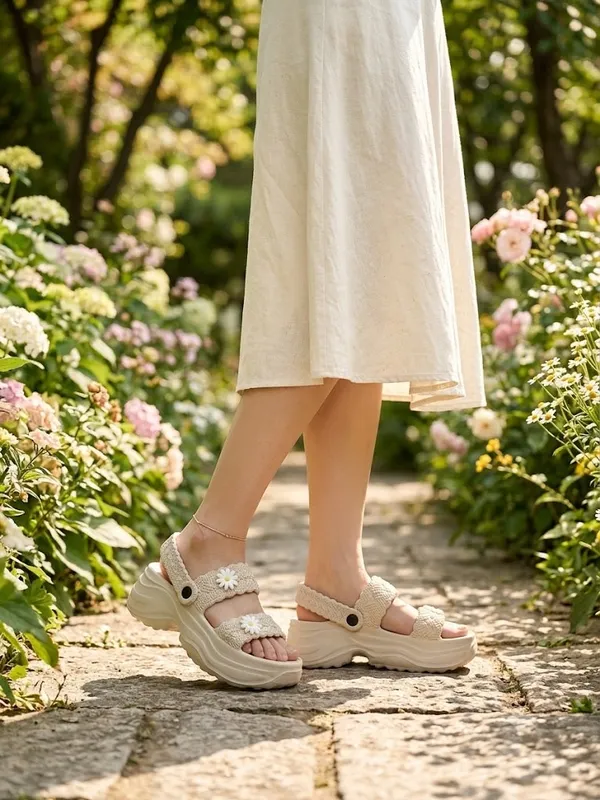 Cream_Eva_Woven_Daisy_Platform_Sandals_For_Women