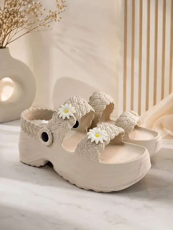 Cream_Eva_Woven_Daisy_Platform_Sandals_For_Women