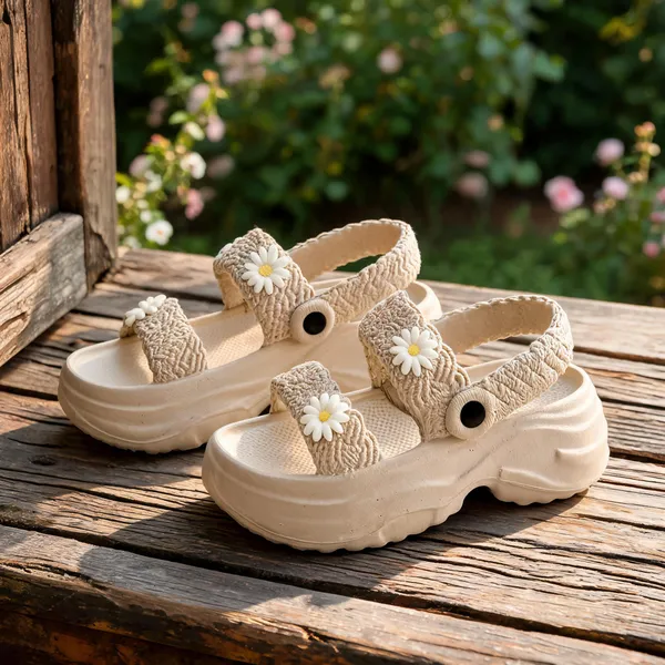 Cream_Eva_Woven_Daisy_Platform_Sandals_For_Women