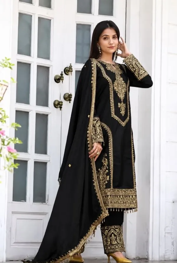 Black_Rayon_Slub_Straight_Embroidered_Kurta_Set_For_Women