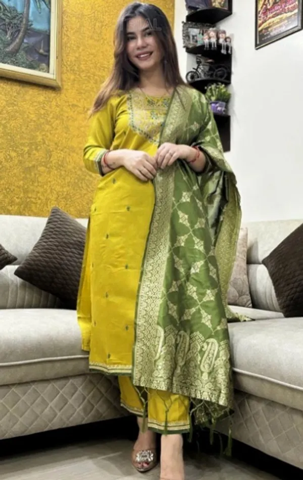 Yellow_Rayon_Slub_Straight_Embroidered_Kurta_Set_For_Women
