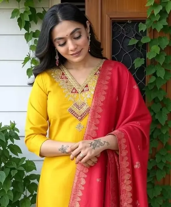 Yellow_Straight_Kurta_Set_With_Red_Dupatta_For_Women