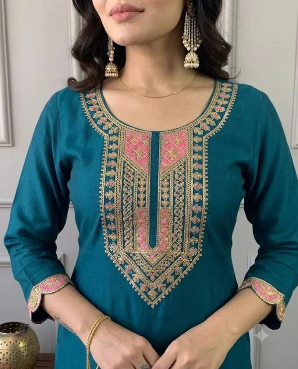 Teal_Rayon_Slub_Straight_Embroidered_Kurta_Set_For_Women