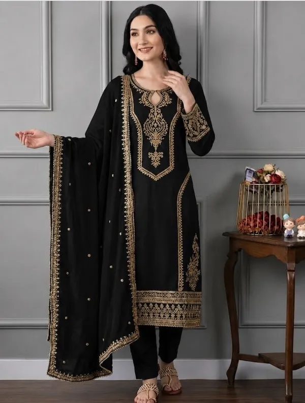Black_Rayon_Slub_Straight_Embroidered_Kurta_Set_For_Women