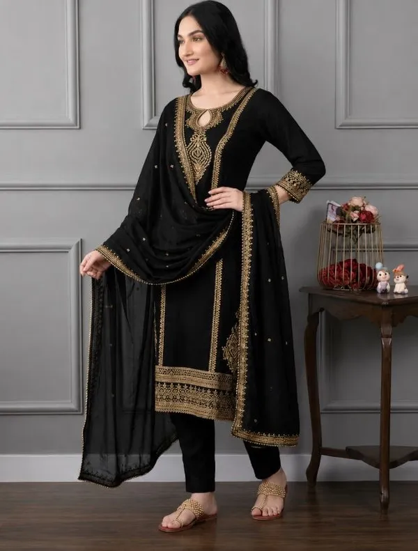 Black_Rayon_Slub_Straight_Embroidered_Kurta_Set_For_Women