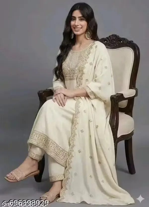 Cream_Rayon_Slub_Straight_Embroidered_Suit_Set_For_Women