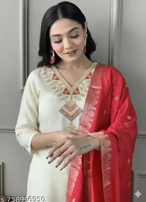 Cream_Rayon_Slub_Straight_Embroidered_Suit_Set_For_Women
