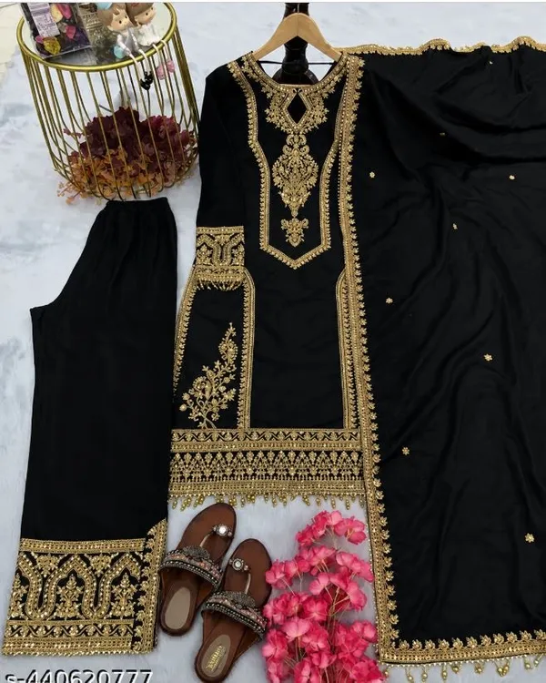 Black_Rayon_Slub_Straight_Embroidered_Kurta_Set_For_Women