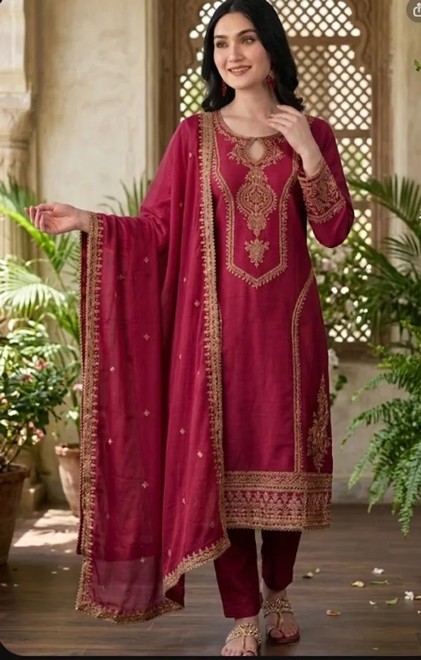 Maroon_Rayon_Slub_Straight_Embroidered_Kurta_Set_For_Women