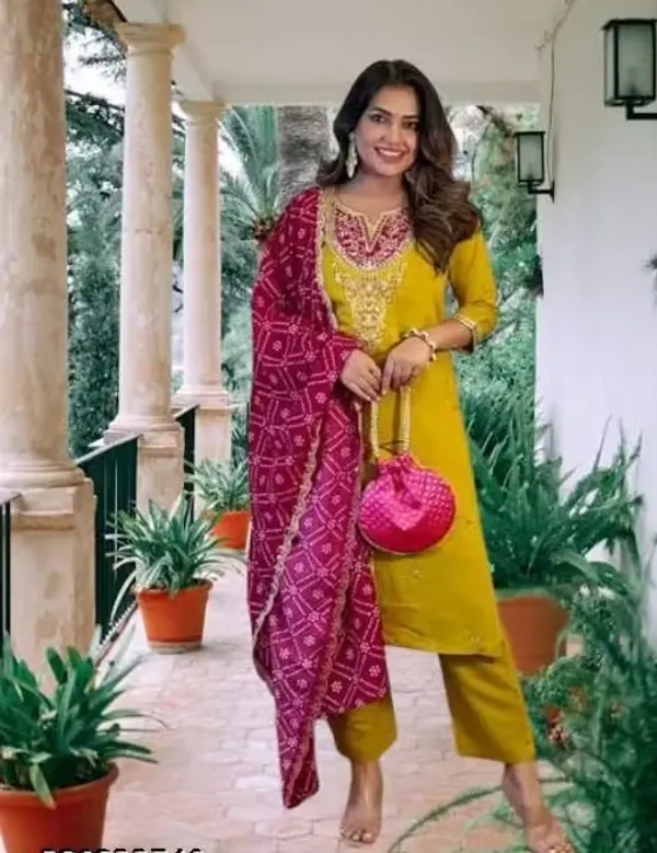 Yellow_Rayon_Slub_Straight_Embroidered_Kurta_Set_For_Women
