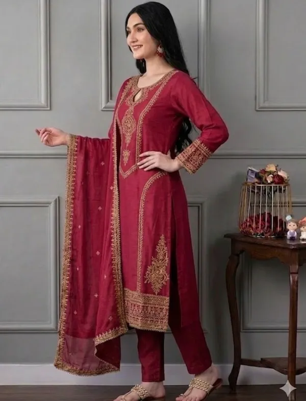 Maroon_Rayon_Slub_Straight_Embroidered_Kurta_Set_For_Women
