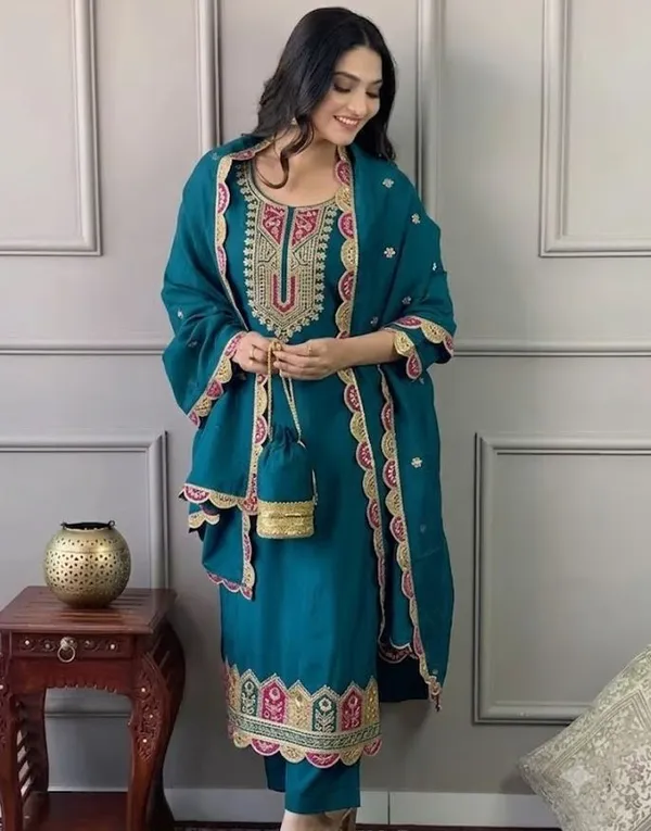 Teal_Rayon_Slub_Straight_Embroidered_Kurta_Set_For_Women