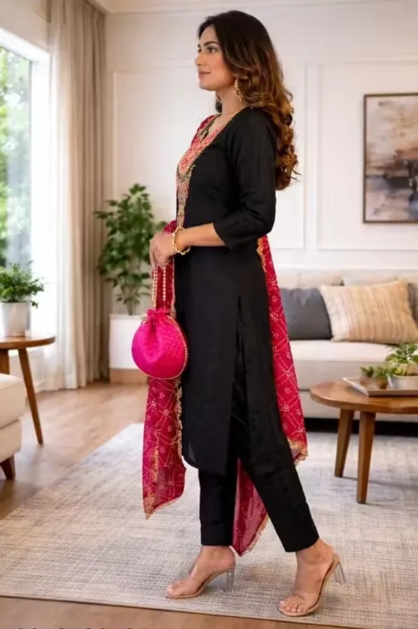 Black_Rayon_Slub_Straight_Embroidered_Kurta_Set_For_Women