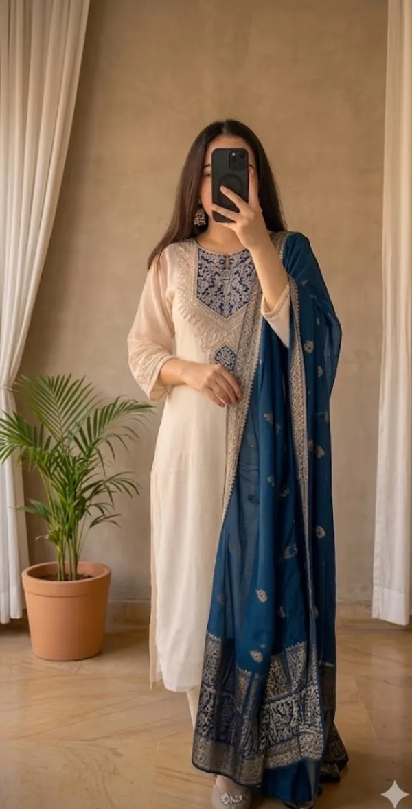 Blue_And_Cream_Rayon_Slub_Straight_Printed_Suit_Set_For_Women