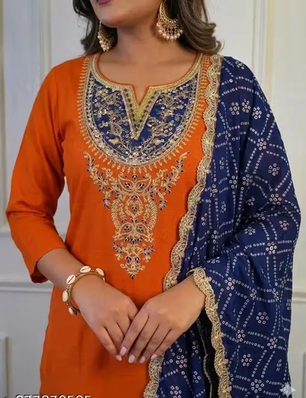 Orange_Rayon_Slub_Straight_Embroidered_Kurta_Set_For_Women