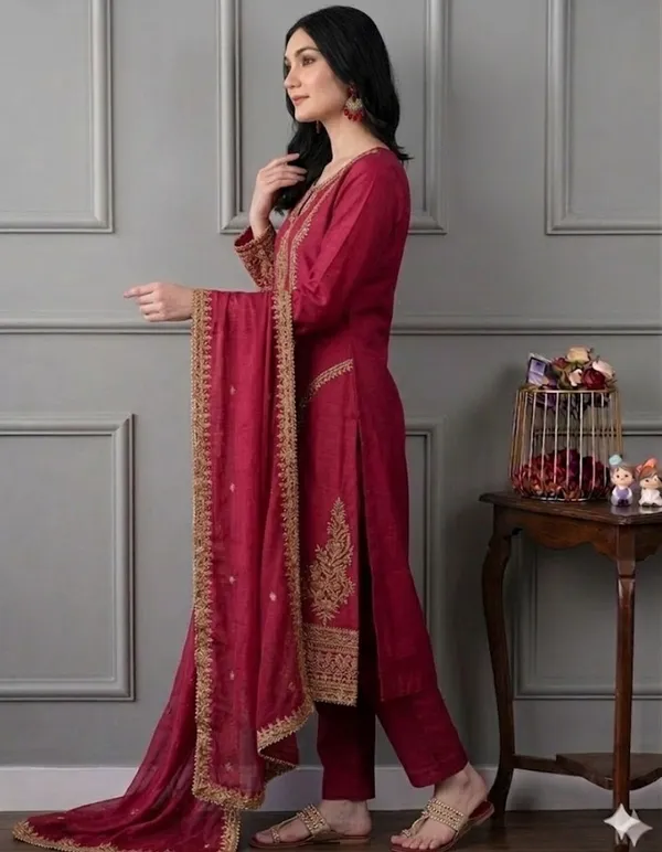 Maroon_Rayon_Slub_Straight_Embroidered_Kurta_Set_For_Women
