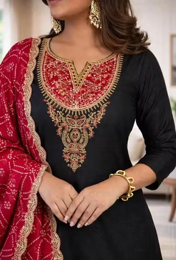 Black_Rayon_Slub_Straight_Embroidered_Kurta_Set_For_Women