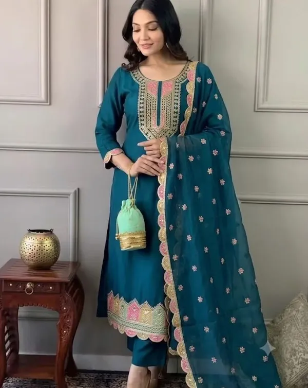 Teal_Rayon_Slub_Straight_Embroidered_Kurta_Set_For_Women