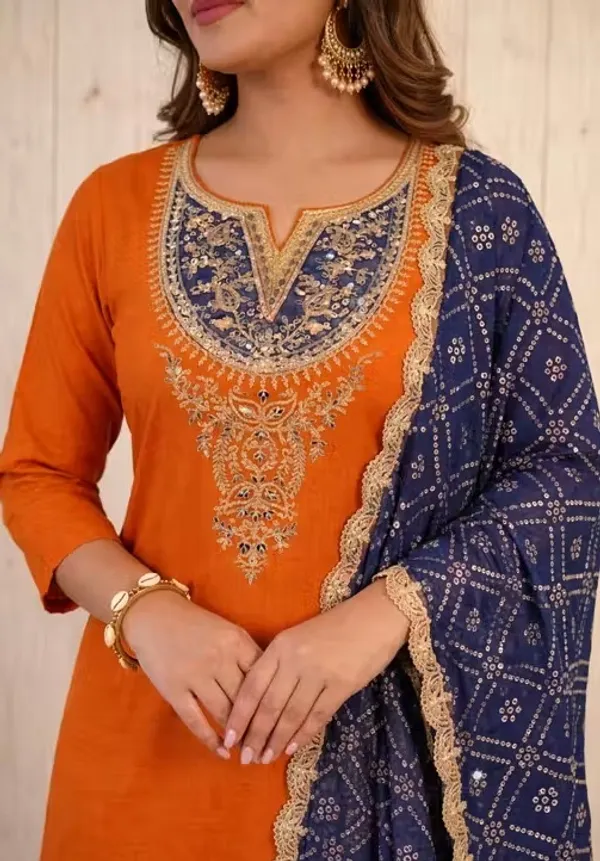 Orange_Rayon_Slub_Straight_Embroidered_Kurta_Set_For_Women