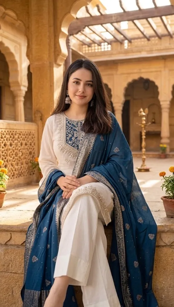 Blue_And_Cream_Rayon_Slub_Straight_Printed_Suit_Set_For_Women