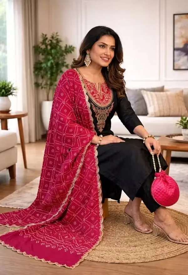 Black_Rayon_Slub_Straight_Embroidered_Kurta_Set_For_Women