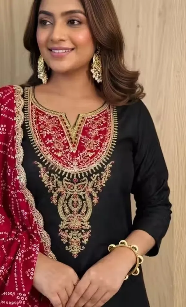 Black_Rayon_Slub_Straight_Embroidered_Kurta_Set_For_Women