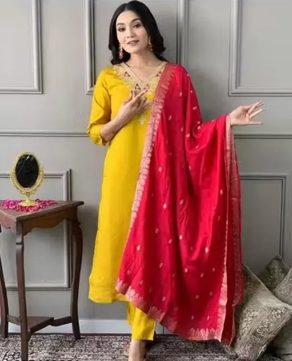 Yellow_Straight_Kurta_Set_With_Red_Dupatta_For_Women