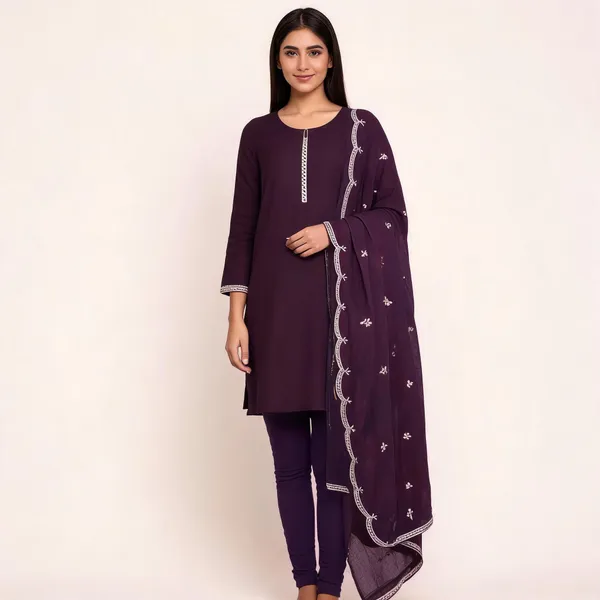 Wine_Rayon_Slub_Embroidered_Kurta_Set_For_Women