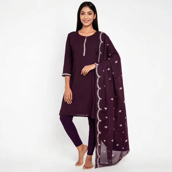 Wine_Rayon_Slub_Embroidered_Kurta_Set_For_Women