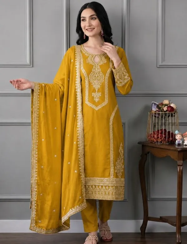 Mustard_Rayon_Slub_Straight_Embroidered_Suit_Set_For_Women