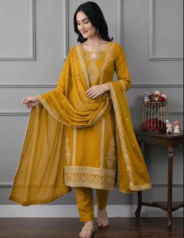 Mustard_Rayon_Slub_Straight_Embroidered_Suit_Set_For_Women