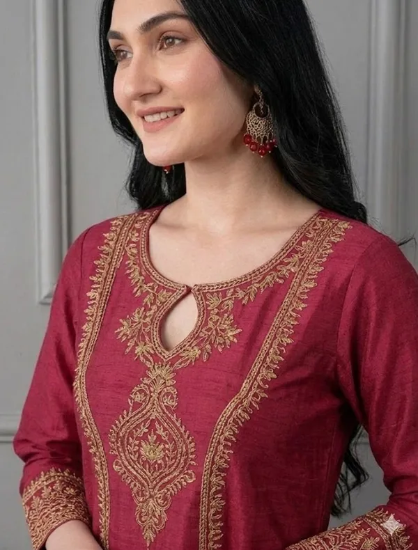 Maroon_Rayon_Slub_Straight_Embroidered_Kurta_Set_For_Women