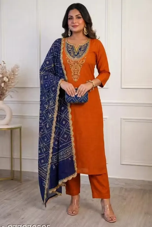 Orange_Rayon_Slub_Straight_Embroidered_Kurta_Set_For_Women