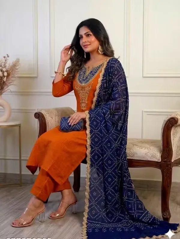 Orange_Rayon_Slub_Straight_Embroidered_Kurta_Set_For_Women