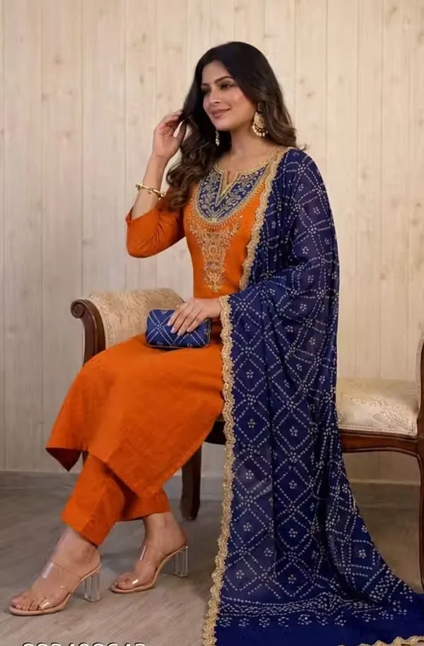 Orange_Rayon_Slub_Straight_Embroidered_Kurta_Set_For_Women